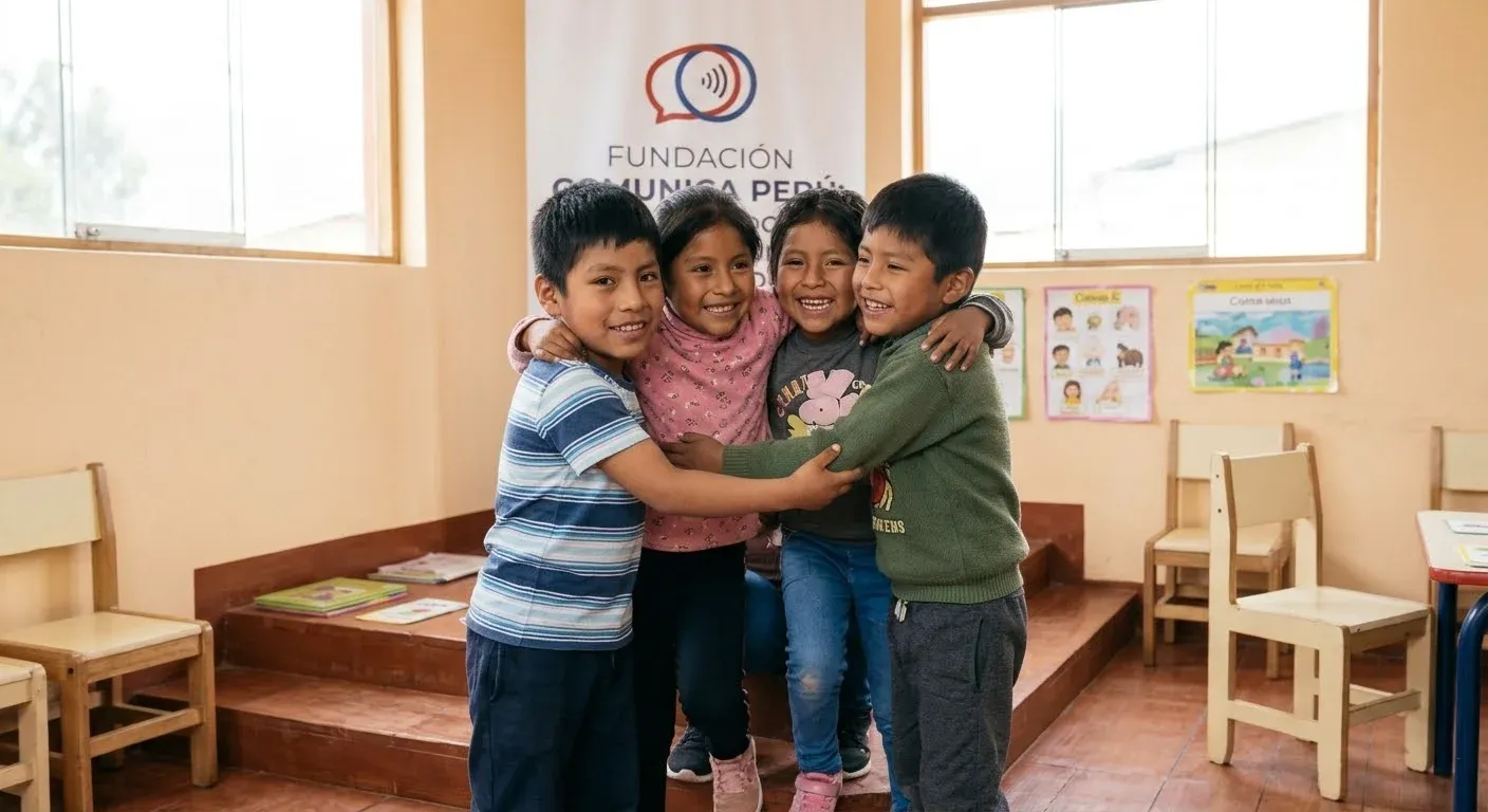 Cuatro niños se abrazan en un aula luminosa.