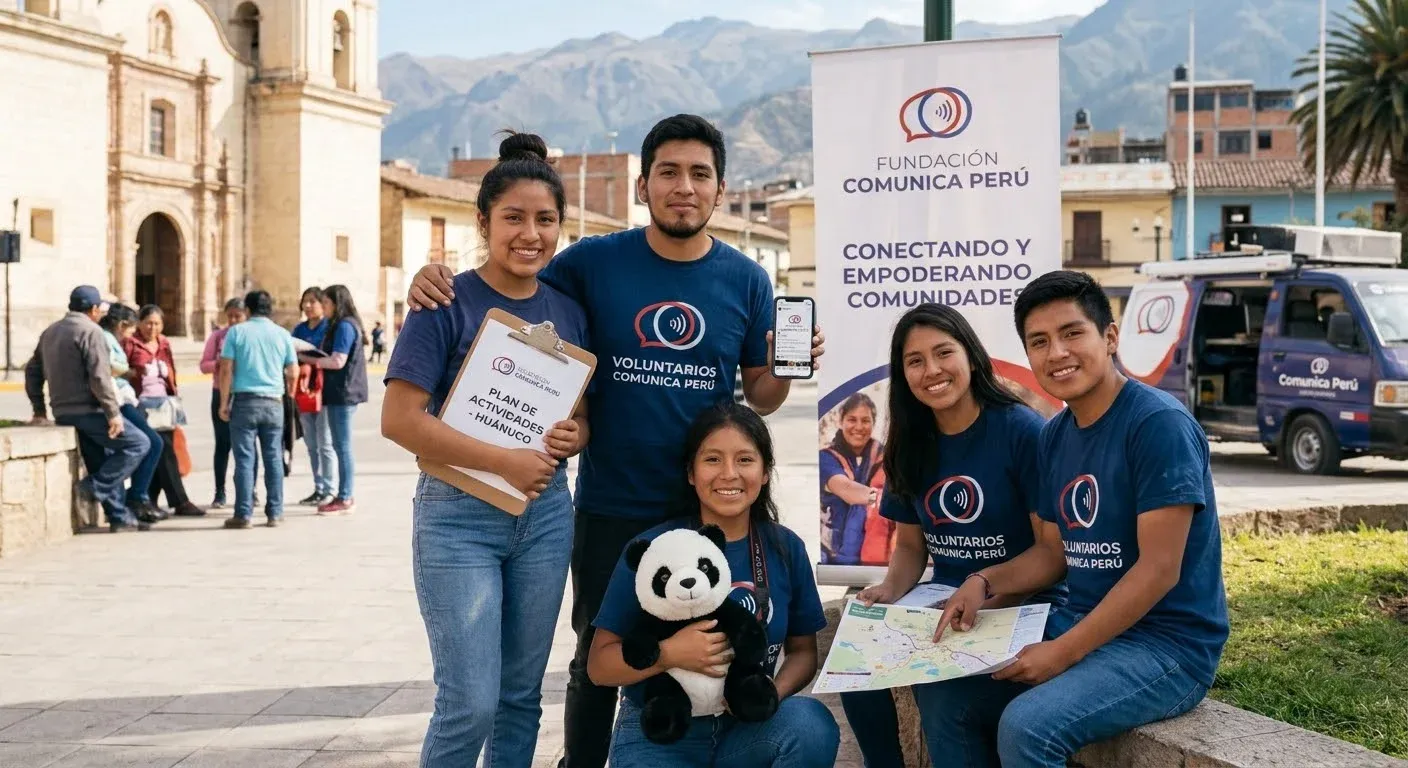 Un grupo posa con materiales y un panda de peluche junto a un cartel de Fundación Comunica Perú, en una plaza.