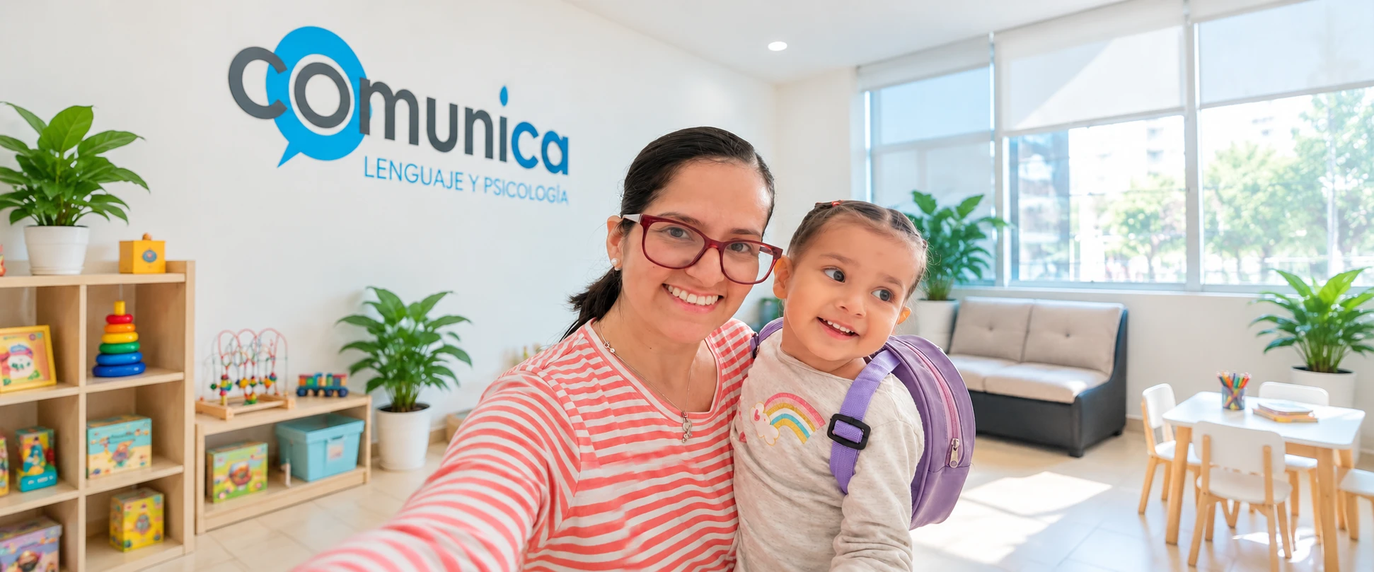 Una mujer y una niña sonríen juntas en las instalaciones de Centro COMUNICA