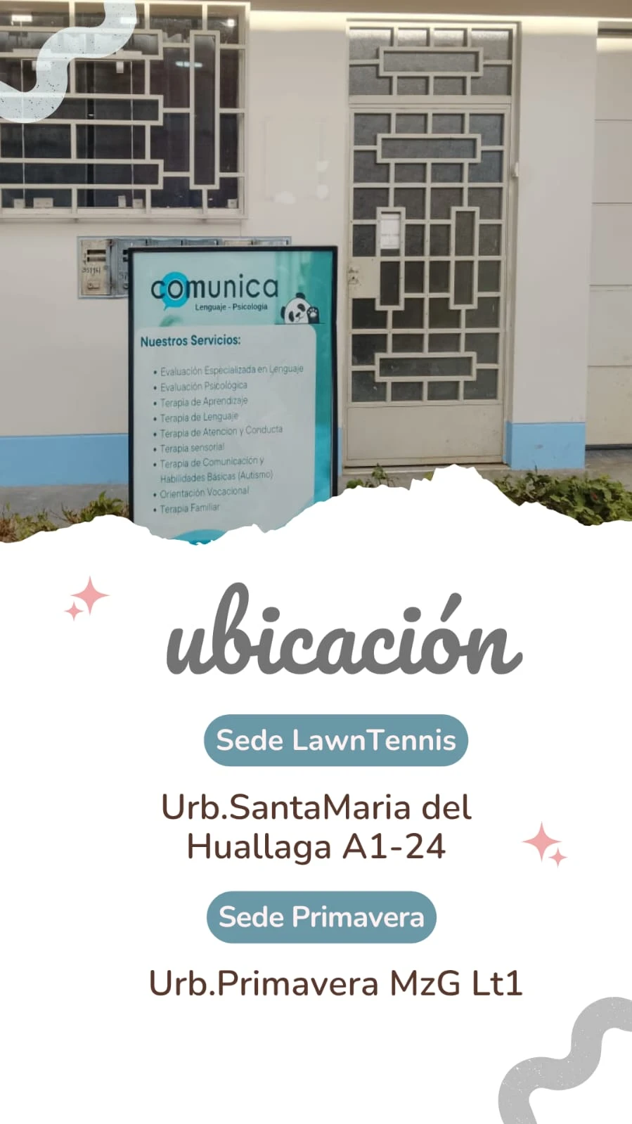 Fachada de Centro COMUNICA, con puerta de acceso y cartel de servicios